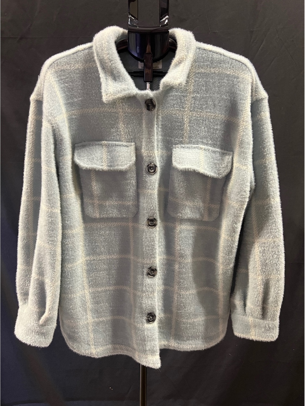 Z Supply Plaid Fuzzy Shacket Shirt Jacket Gray Blue Soft Sweater Knit Women’s L
